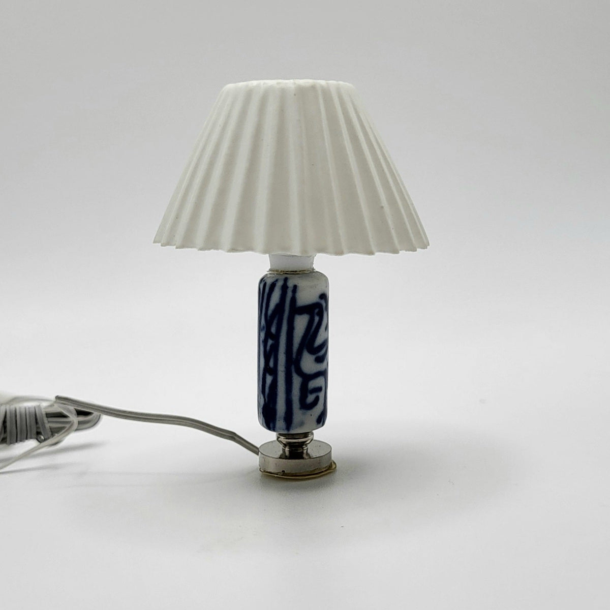 Table Lamp - White Shade - Cylindrical Ceramic Base - 12 Volt - 1/12 Scale Dollhouse Miniature