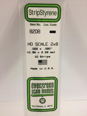 Evergreen HO Strips - 2" x 8" - Opaque White Polystyrene - #8208