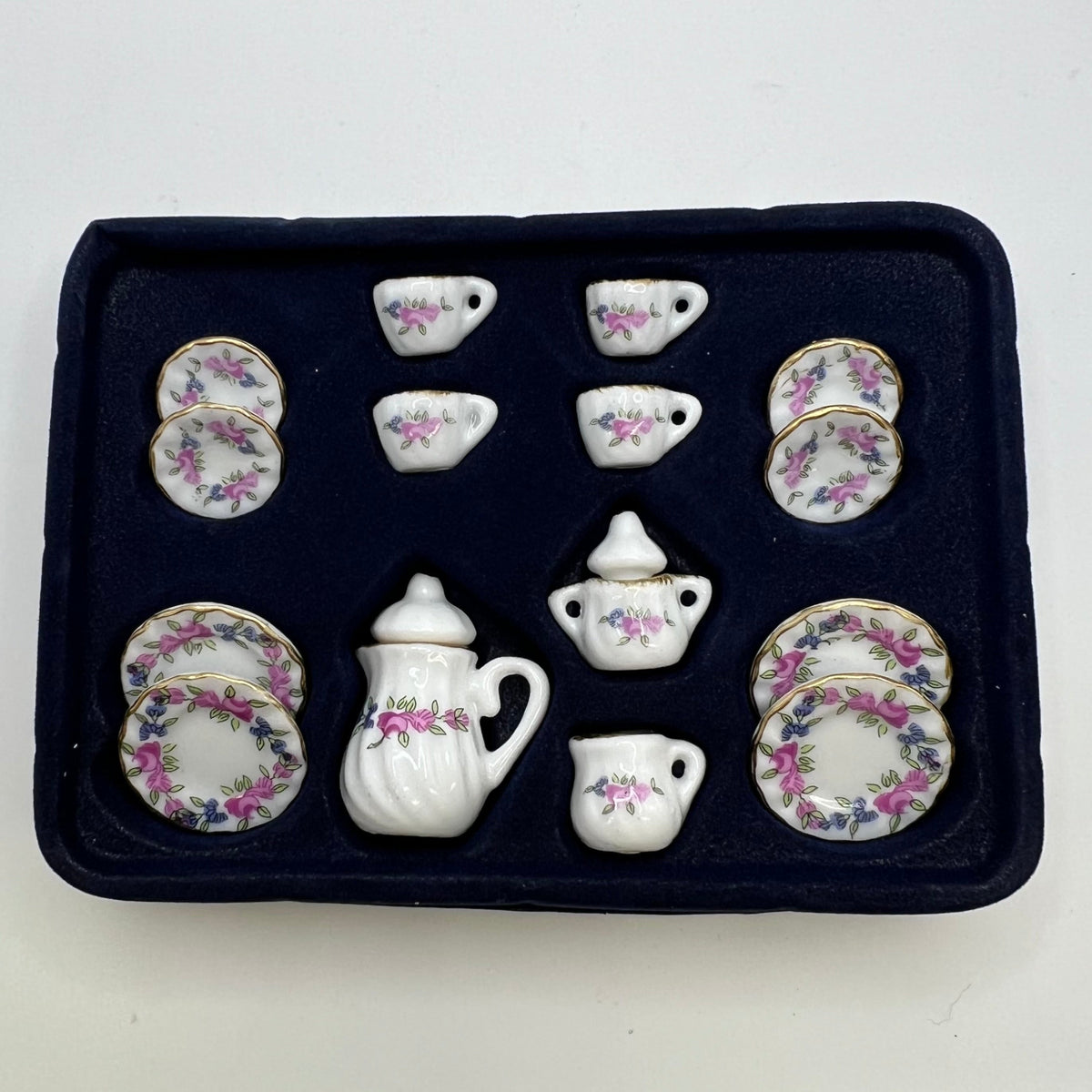 Ceramic Pink and Purple Flowers Tea Set - 17 Pieces - 1/12 Scale Dollhouse Miniature