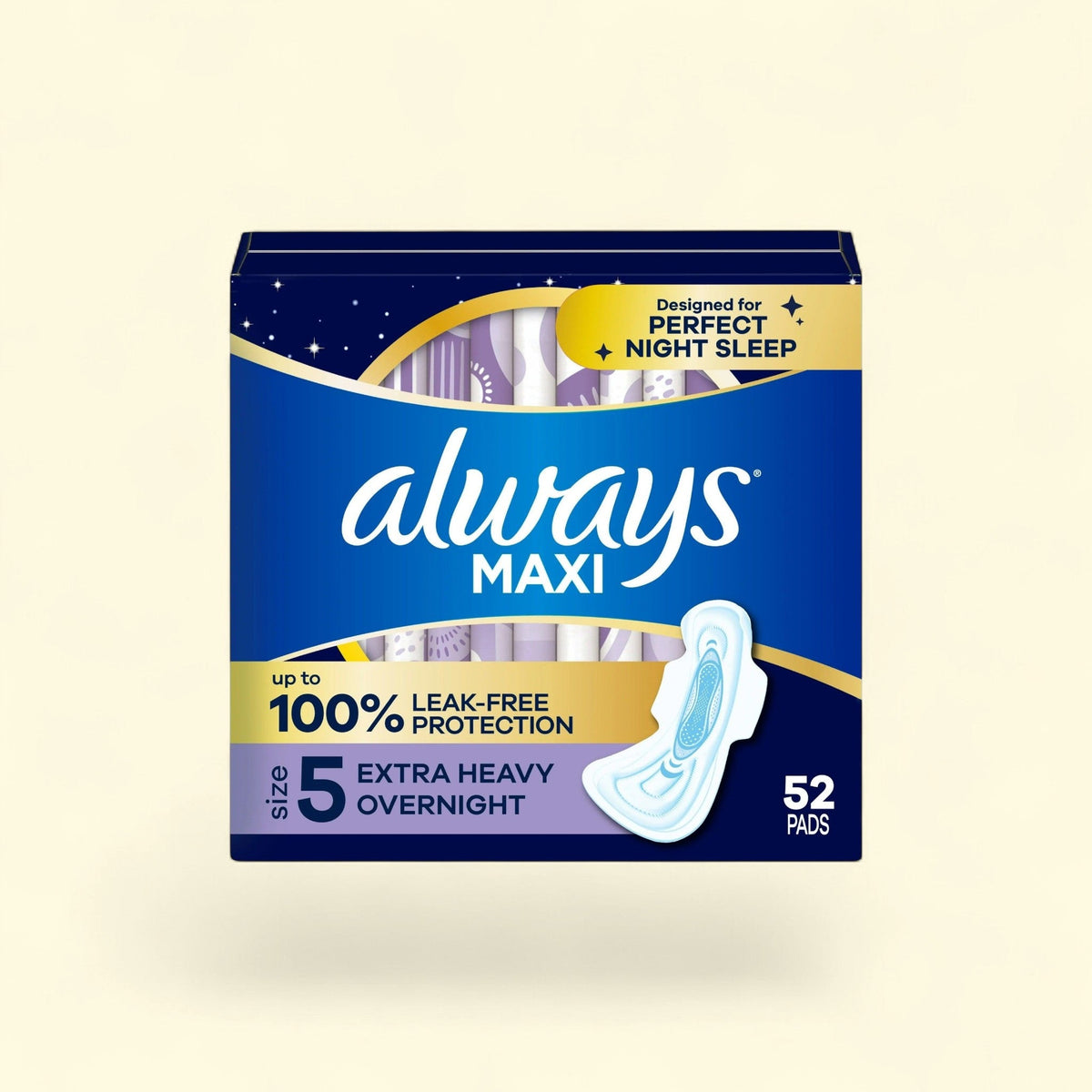 Always Maxi Overnight Pads with Wings, Size 5, 52 Count