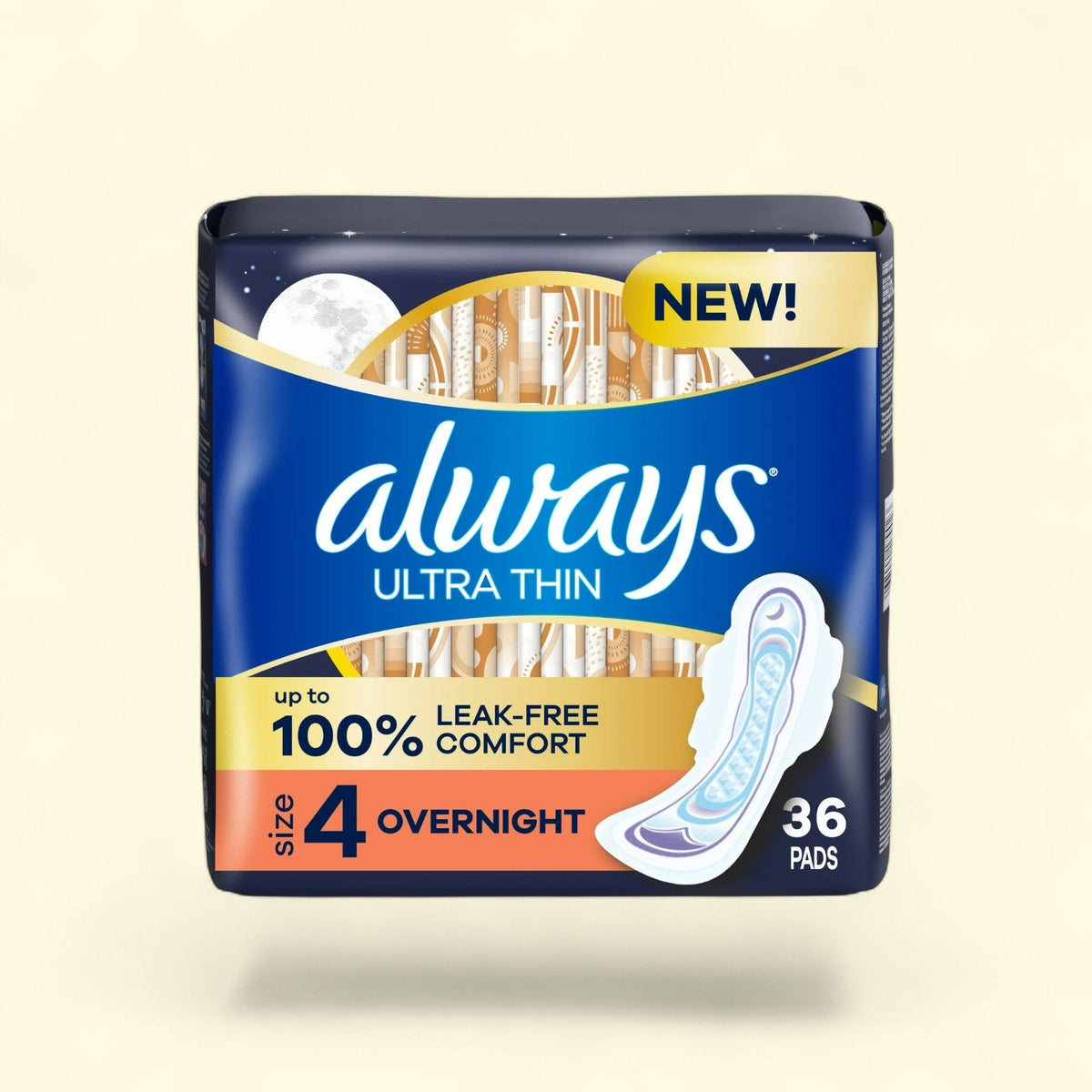 Always Ultra Thin Overnight Pads with Wings, Size 4, 36 Count