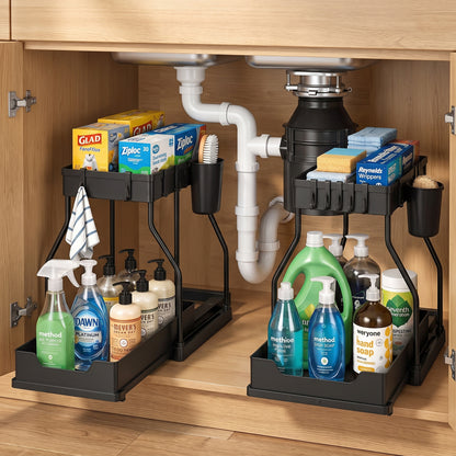 2 Pack 2-Tier Sliding Cabinet Organizer with Hanging Cups, for Kitchen & Bathroom