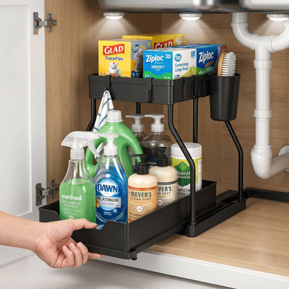 2 Pack 2-Tier Sliding Cabinet Organizer with Hanging Cups, for Kitchen & Bathroom