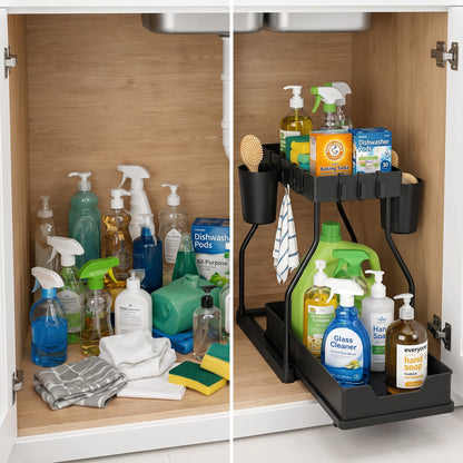 2 Pack 2-Tier Sliding Cabinet Organizer with Hanging Cups, for Kitchen & Bathroom