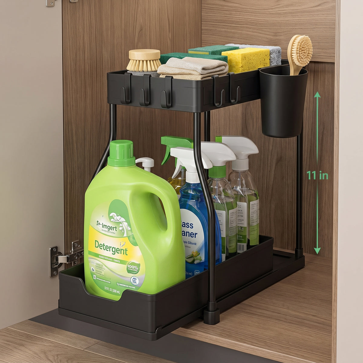 2 Pack 2-Tier Sliding Cabinet Organizer with Hanging Cups, for Kitchen & Bathroom
