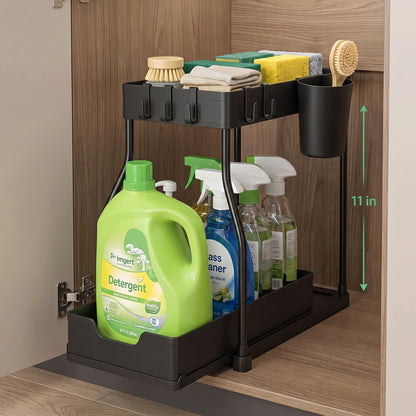 2 Pack 2-Tier Sliding Cabinet Organizer with Hanging Cups, for Kitchen & Bathroom