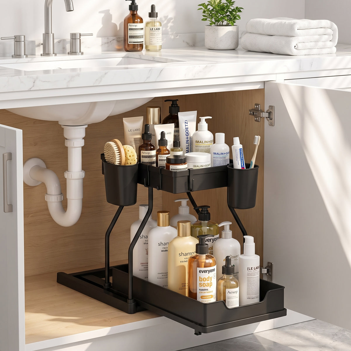 2 Pack 2-Tier Sliding Cabinet Organizer with Hanging Cups, for Kitchen & Bathroom
