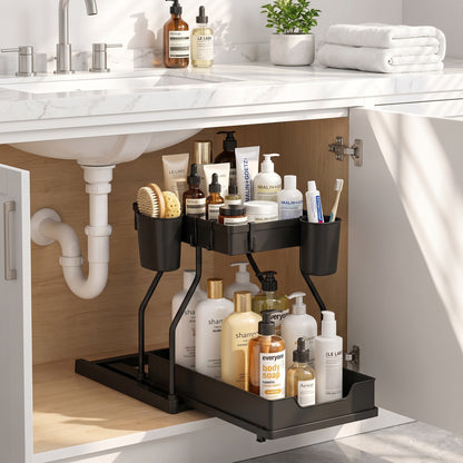 2 Pack 2-Tier Sliding Cabinet Organizer with Hanging Cups, for Kitchen & Bathroom