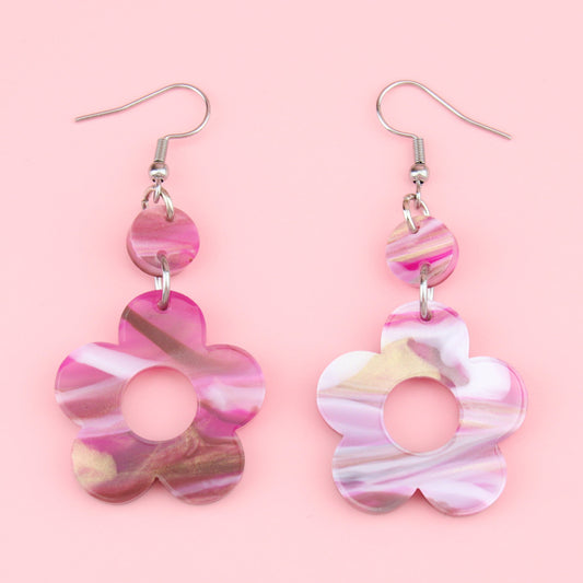 Magenta Marble Flower Power Earrings